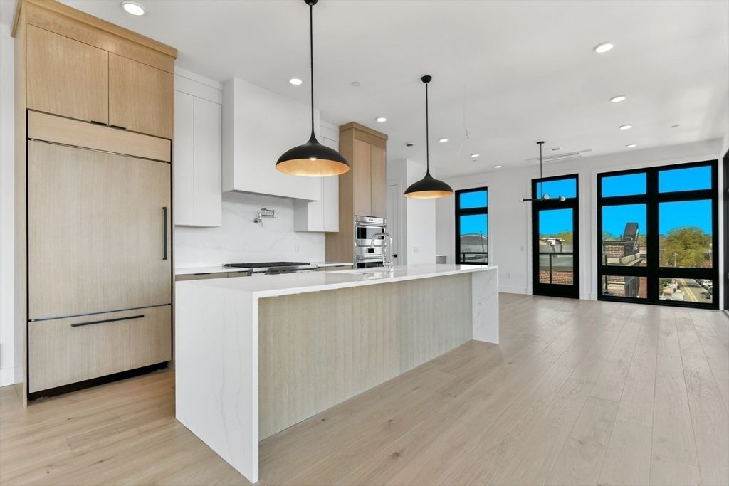 Interior, Kitchen, Pendant Lights, Recessed Lighting, Stainless Steel Appliances, Wood Texture Flooring