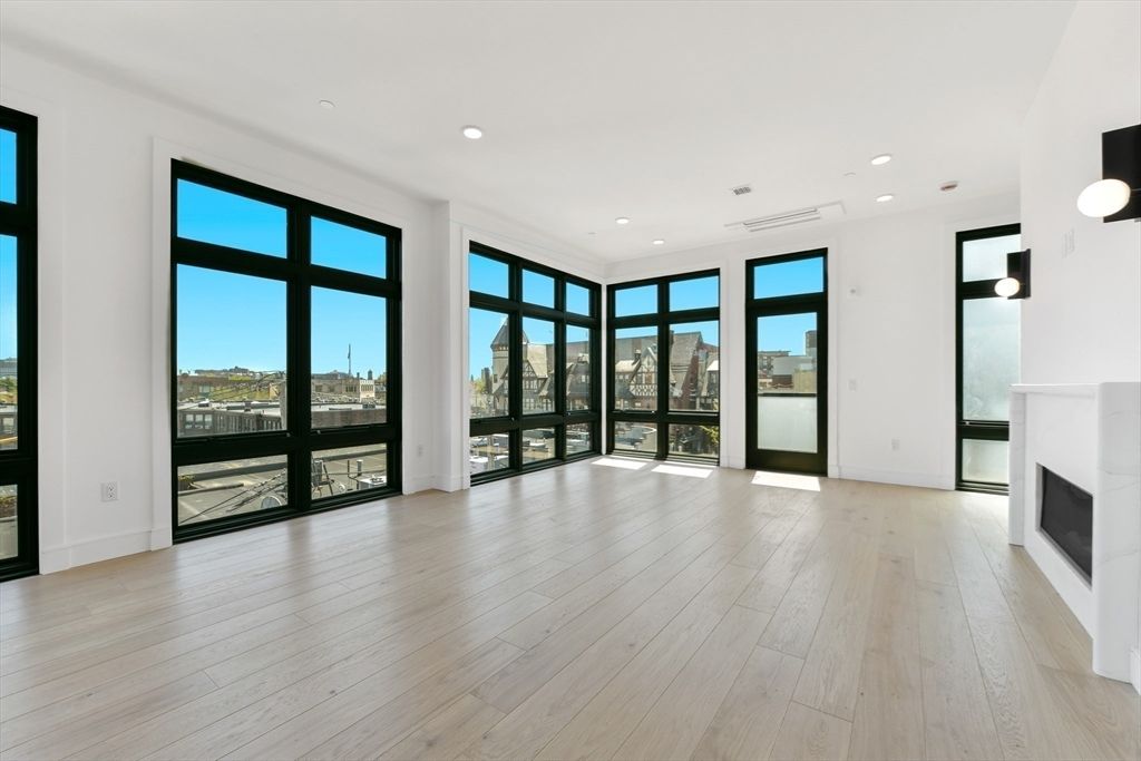 Empty room, Fireplace, Interior, Pendant Lights, Recessed Lighting, Wood Texture Flooring