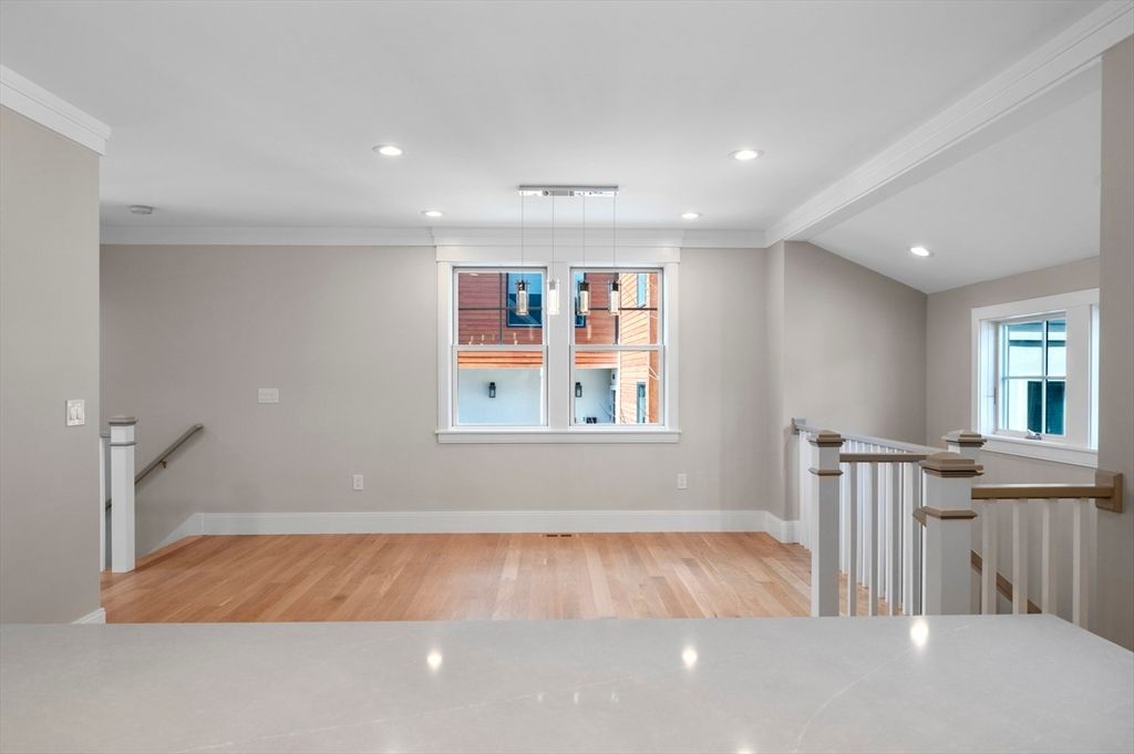 Empty room, Interior, Pendant Lights, Recessed Lighting, Wood Texture Flooring