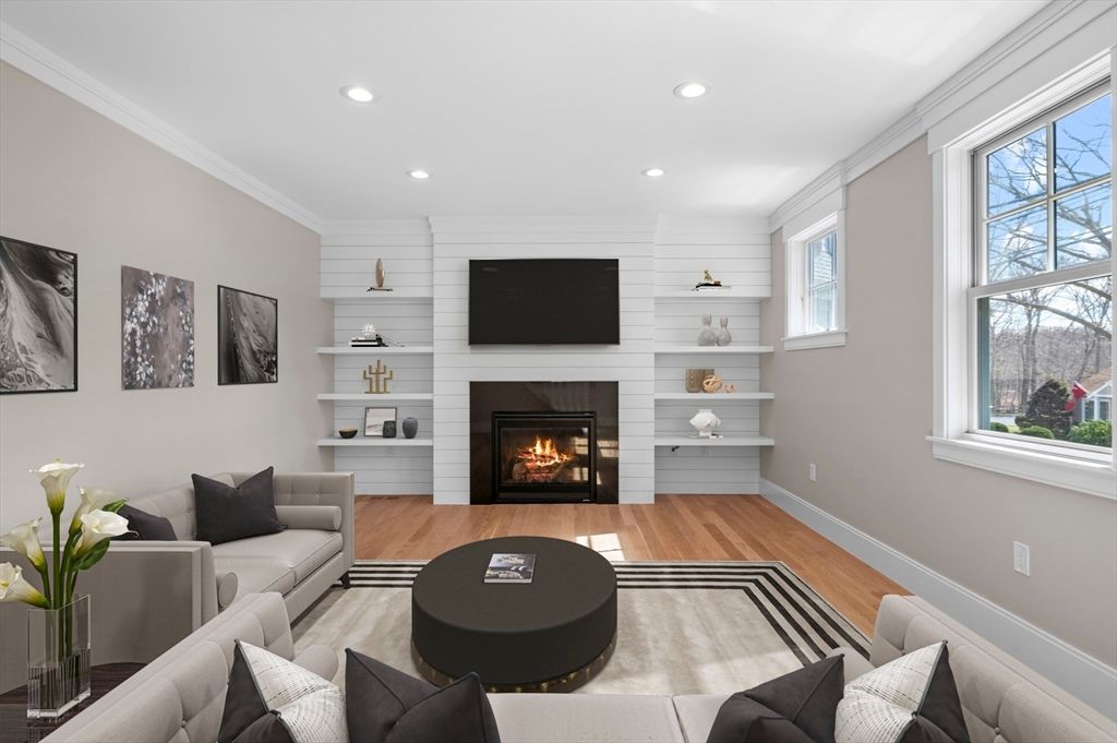 Fireplace, Interior, Living room, Recessed Lighting, Wood Texture Flooring