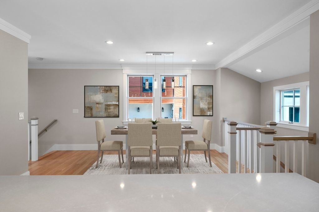 Dining room, Interior, Pendant Lights, Recessed Lighting, Wood Texture Flooring