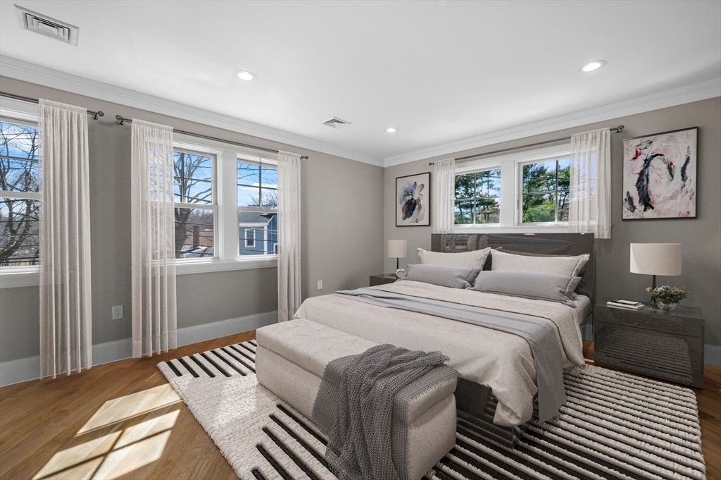 Bedroom, Interior, Recessed Lighting, Wood Texture Flooring