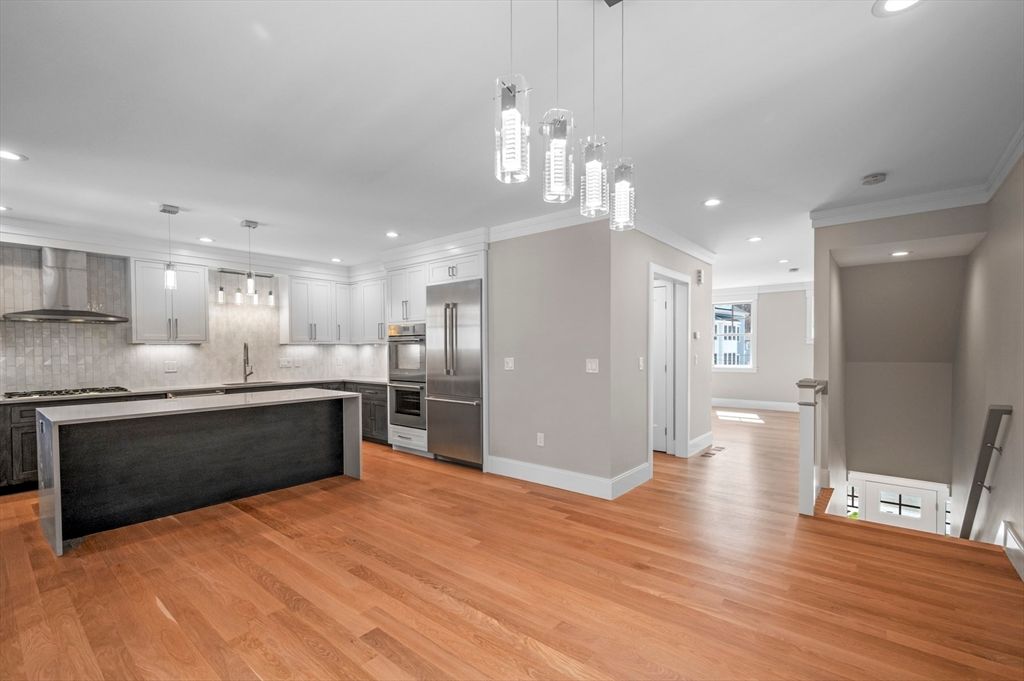 Interior, Kitchen, Pendant Lights, Recessed Lighting, Stainless Steel Appliances, Wood Texture Flooring