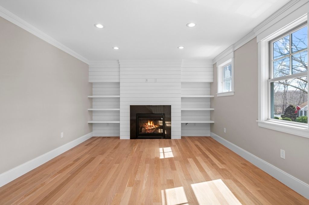 Empty room, Fireplace, Interior, Recessed Lighting, Wood Texture Flooring