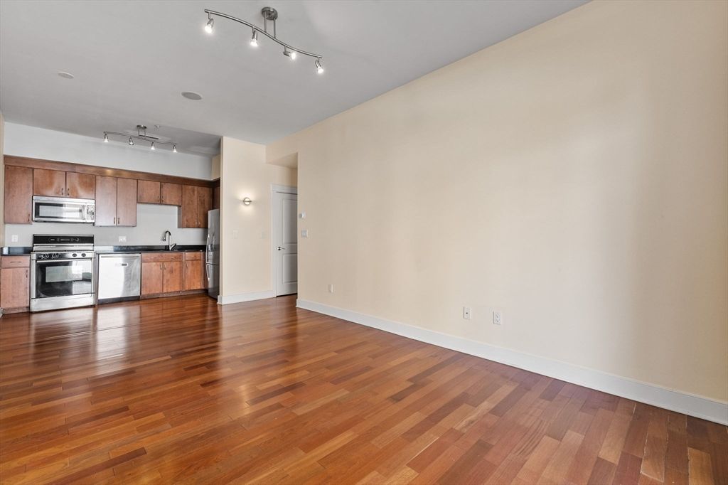 Empty room, Interior, Kitchen, Stainless Steel Appliances, Wood Texture Flooring