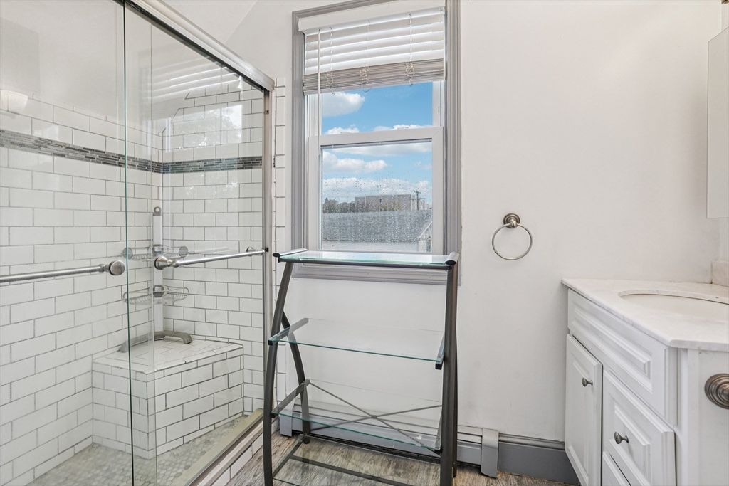 Bathroom, Glass Shower, Interior, Wood Texture Flooring