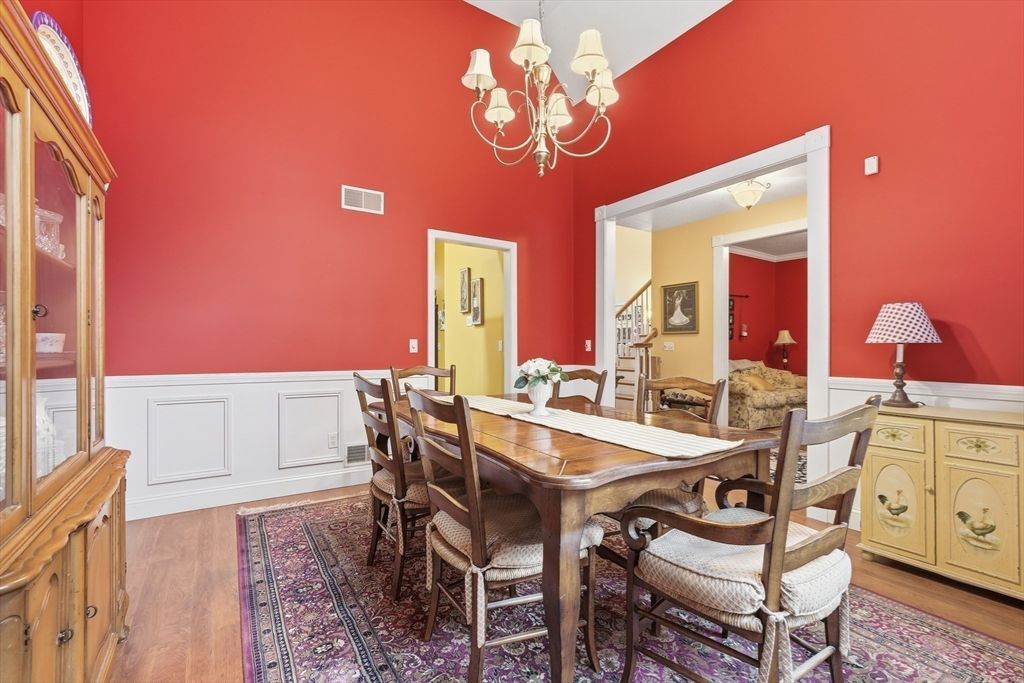Chandelier, Dining room, Interior, Wood Texture Flooring