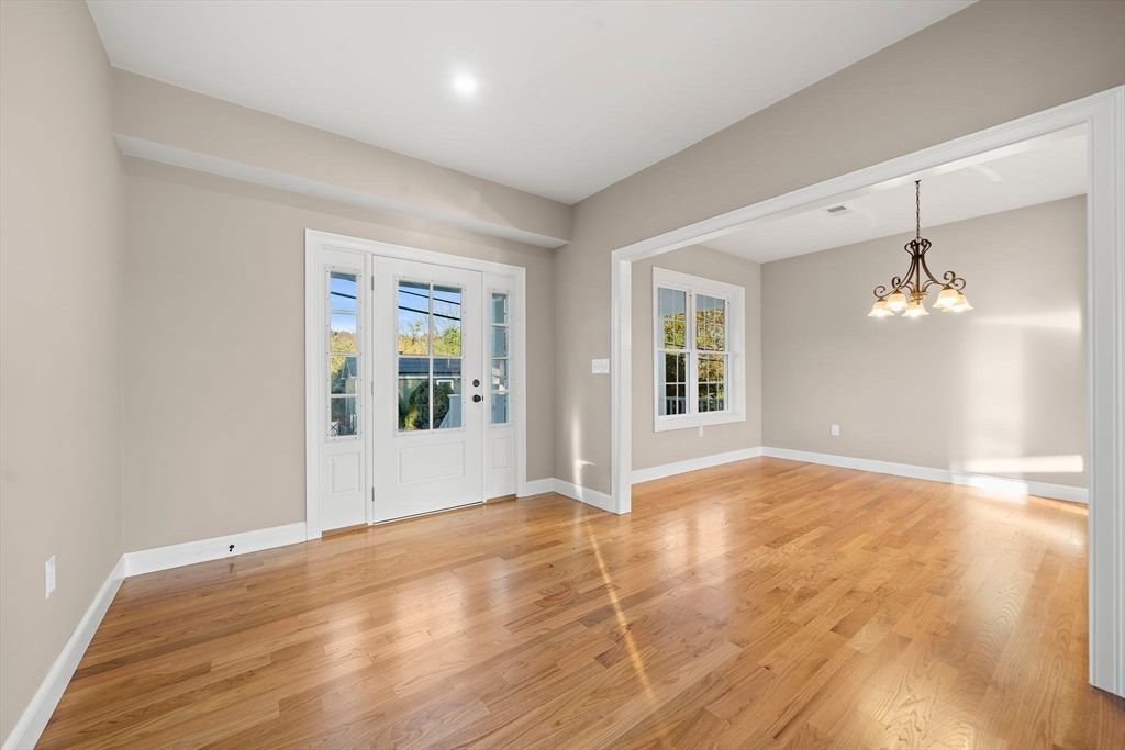 Chandelier, Empty room, Interior, Recessed Lighting, Wood Texture Flooring