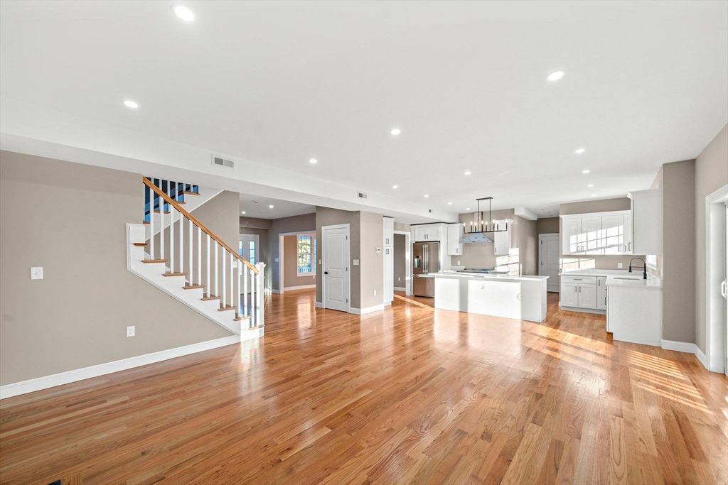Chandelier, Empty room, Interior, Kitchen, Pendant Lights, Recessed Lighting, Wood Texture Flooring