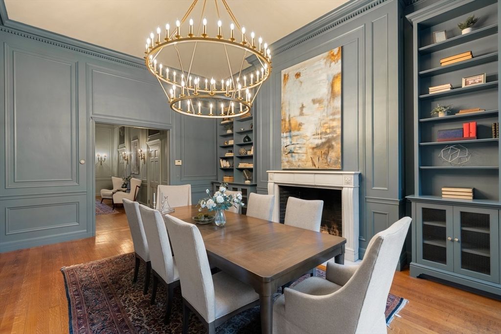 Dining room, Fireplace, Interior, Pendant Lights, Wood Texture Flooring