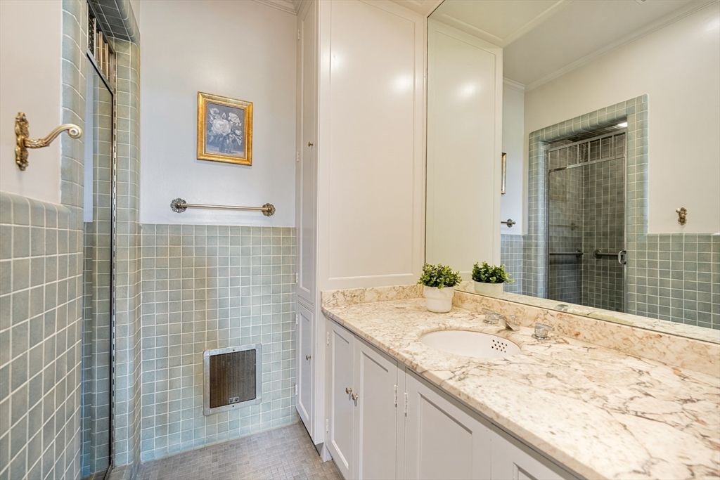 Bathroom, Fireplace, Glass Shower, Interior