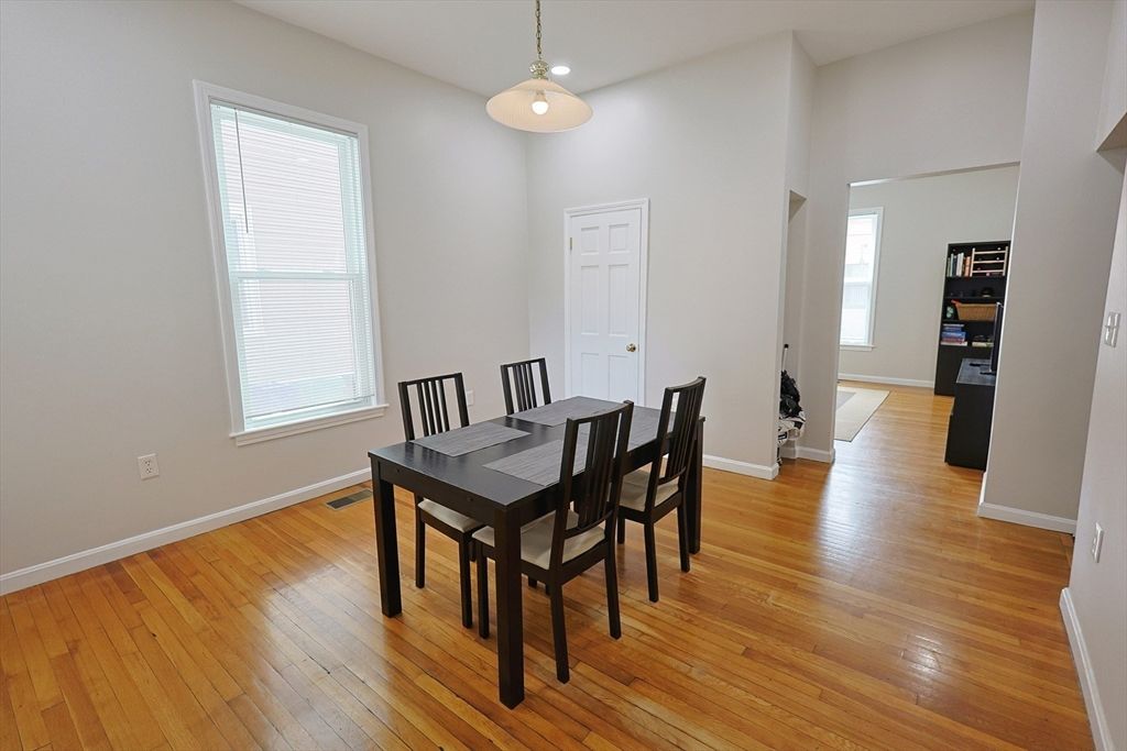 Dining room, Interior, Pendant Lights, Wood Texture Flooring