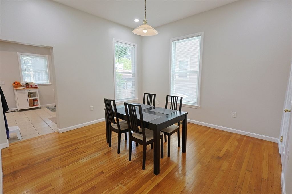 Dining room, Interior, Pendant Lights, Recessed Lighting, Wood Texture Flooring