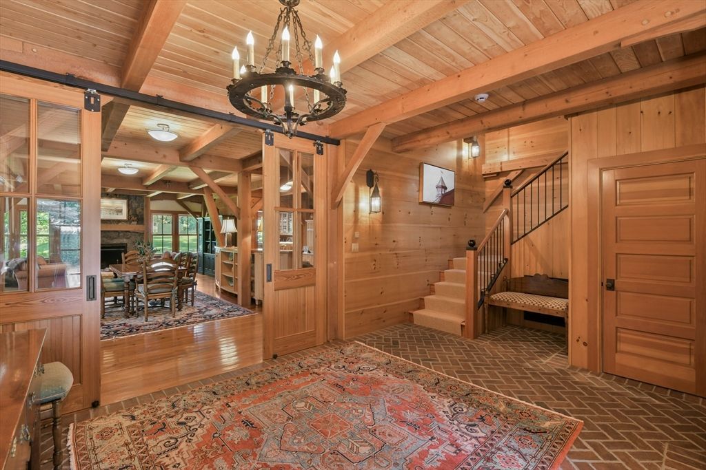 Chandelier, Dining room, Interior, Wooden Beams, Wooden Ceilings, Wood Texture Flooring, Wooden Walls
