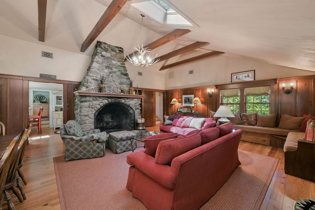 Fireplace, Interior, Living room, Pendant Lights, Stone Walls, Wooden Beams, Wood Texture Flooring, Wooden Walls