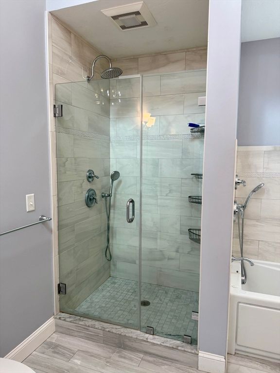 Bathroom, Glass Shower, Interior, Wood Texture Flooring
