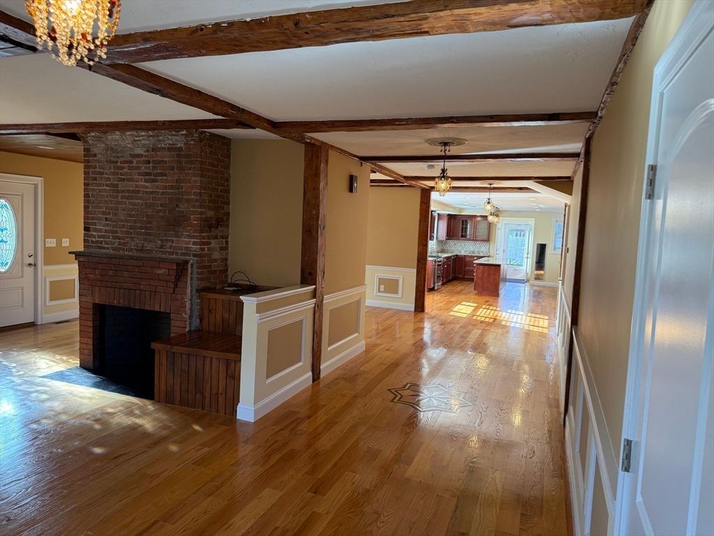 Fireplace, Interior, Kitchen, Stone Walls, Wooden Beams, Wood Texture Flooring