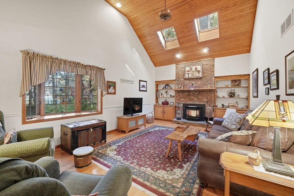 Fireplace, Interior, Living room, Recessed Lighting, Stone Walls, Wooden Ceilings, Wood Texture Flooring