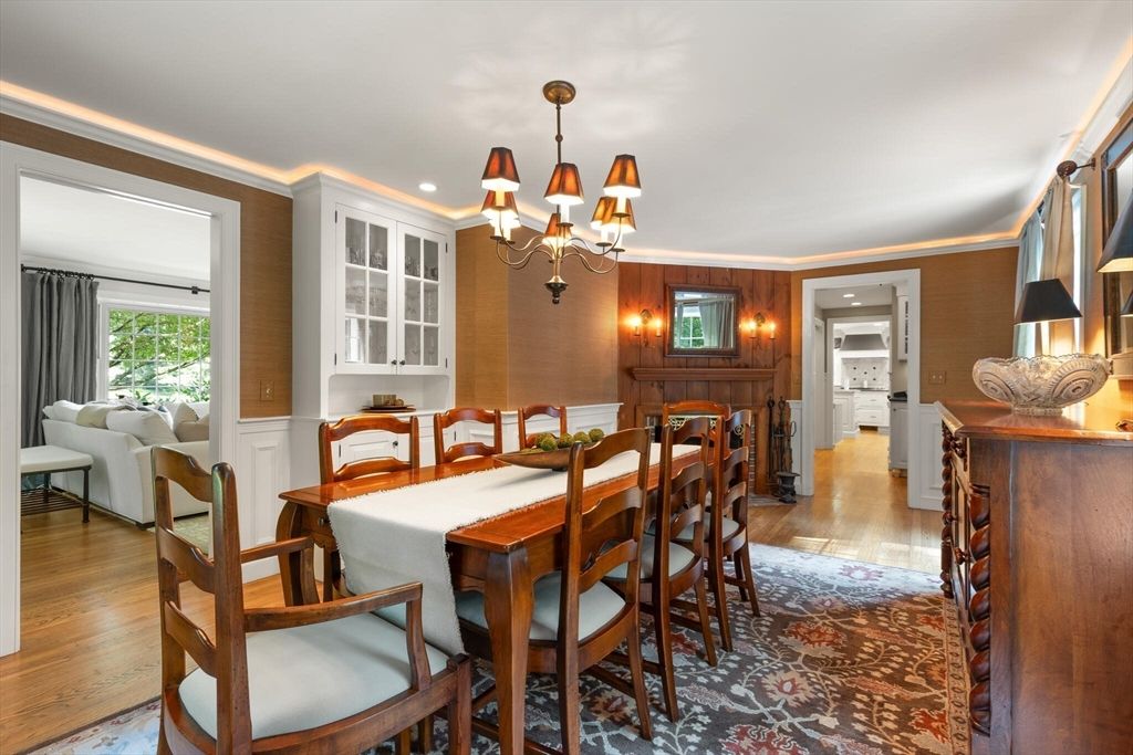 Chandelier, Dining room, Fireplace, Interior, Living room, Recessed Lighting, Wood Texture Flooring, Wooden Walls