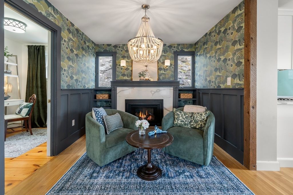 Chandelier, Fireplace, Interior, Living room, Wood Texture Flooring