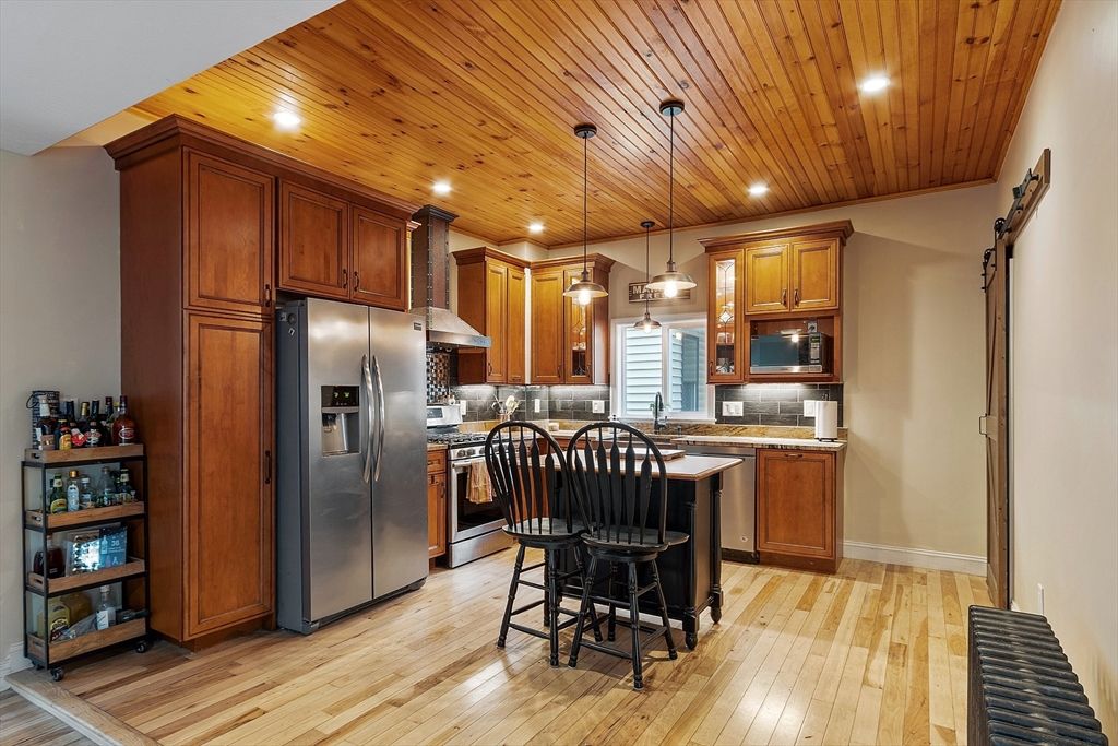 Interior, Kitchen, Pendant Lights, Recessed Lighting, Stainless Steel Appliances, Wooden Ceilings, Wood Texture Flooring