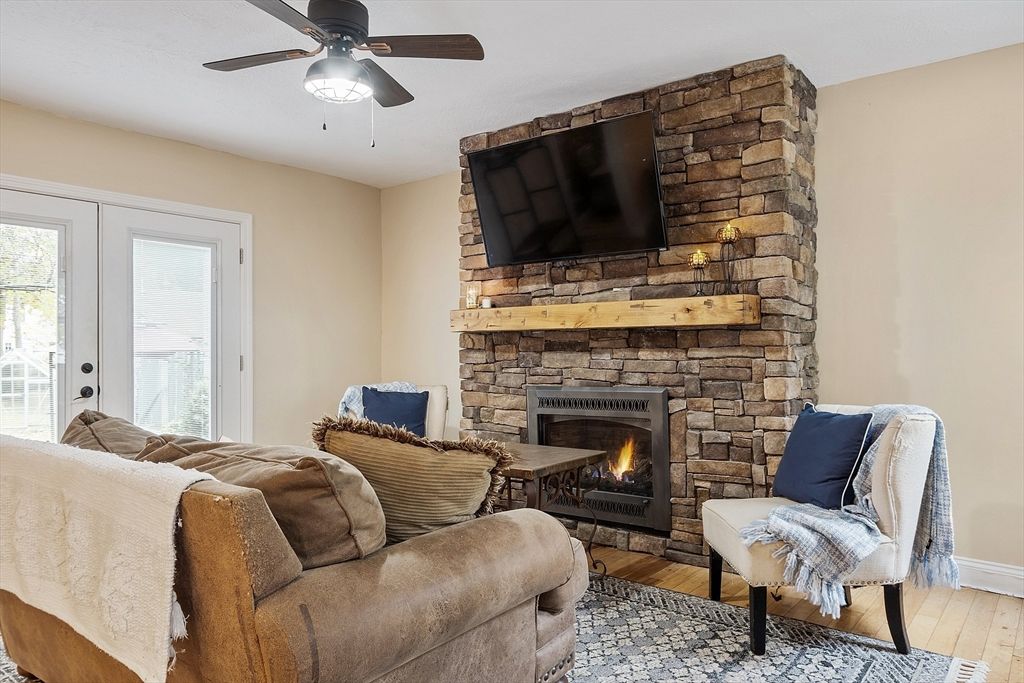 Fireplace, Interior, Living room, Stone Walls, Wood Texture Flooring