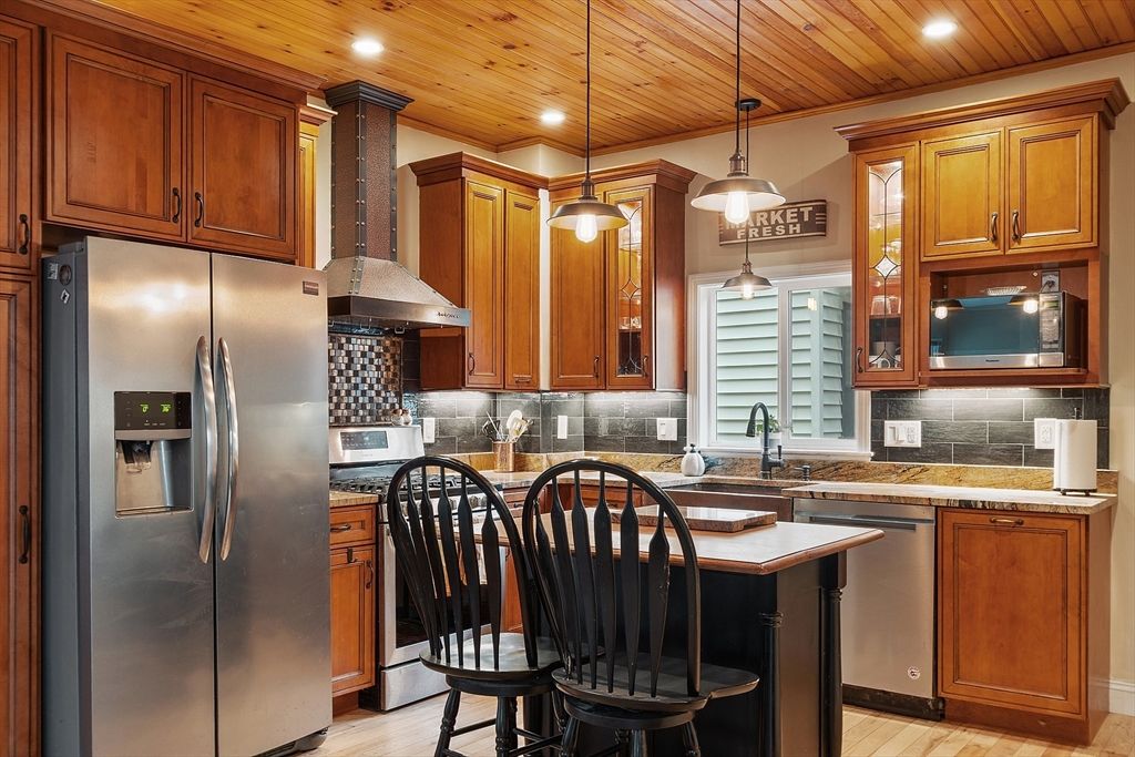 Interior, Kitchen, Pendant Lights, Recessed Lighting, Stainless Steel Appliances, Wooden Ceilings, Wood Texture Flooring