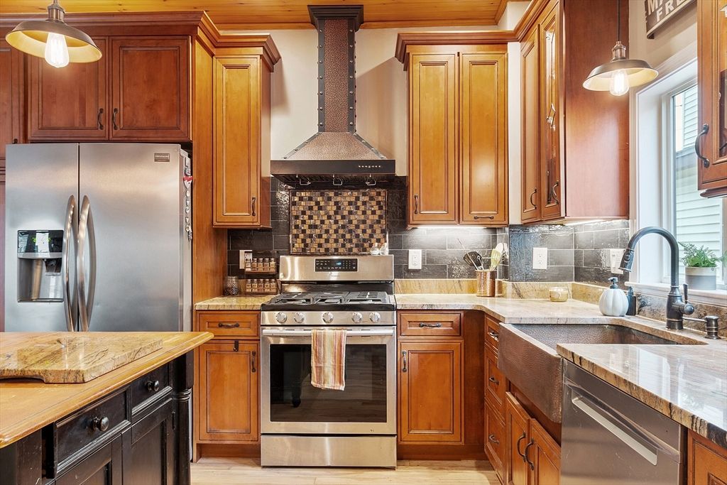 Interior, Kitchen, Pendant Lights, Stainless Steel Appliances, Wood Texture Flooring