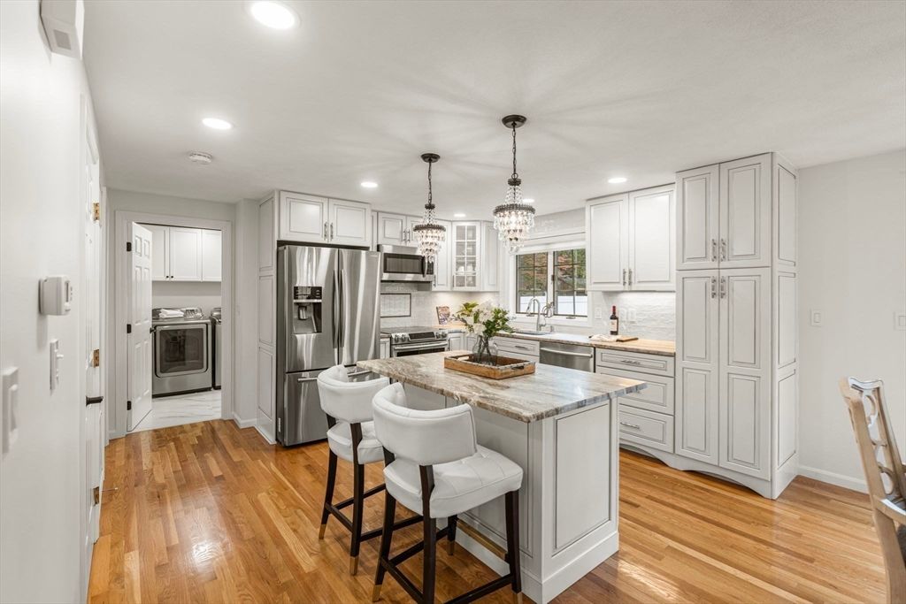 Interior, Kitchen, Pendant Lights, Recessed Lighting, Stainless Steel Appliances, Wood Texture Flooring