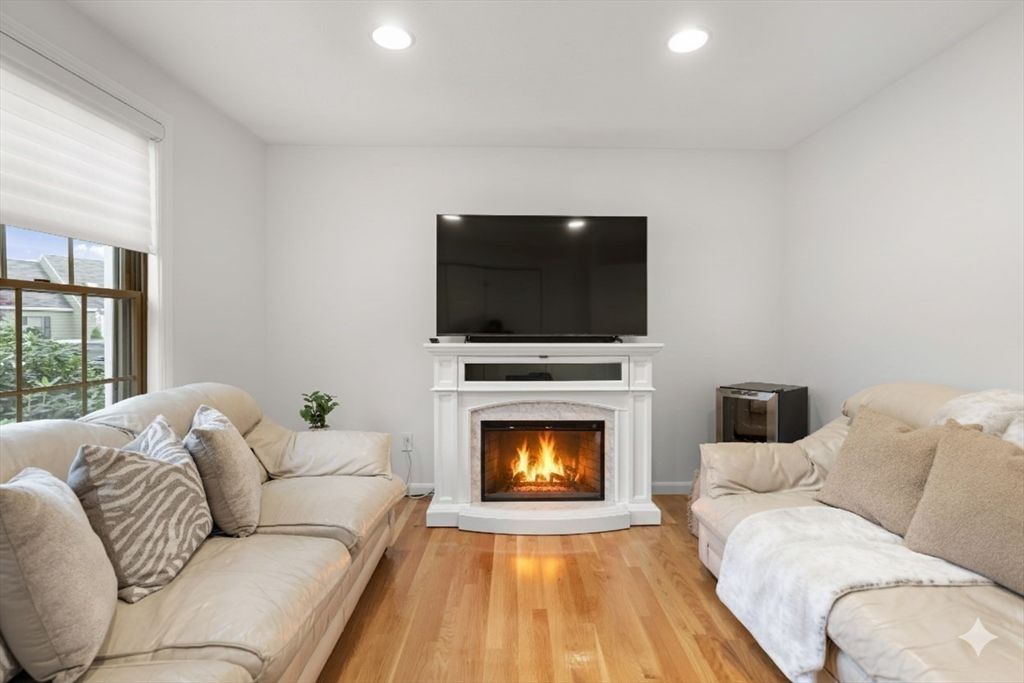 Fireplace, Interior, Living room, Recessed Lighting, Wood Texture Flooring