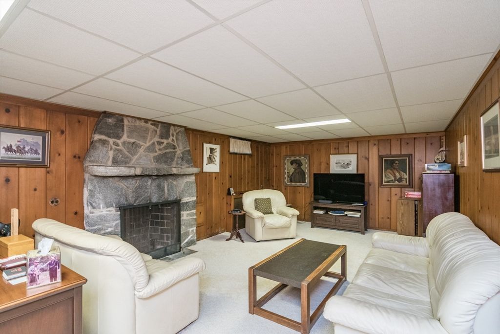 Fireplace, Interior, Living room, Recessed Lighting, Stone Walls, Wooden Walls