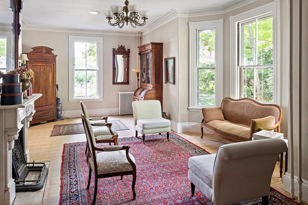 Chandelier, Fireplace, Interior, Living room, Recessed Lighting, Wood Texture Flooring