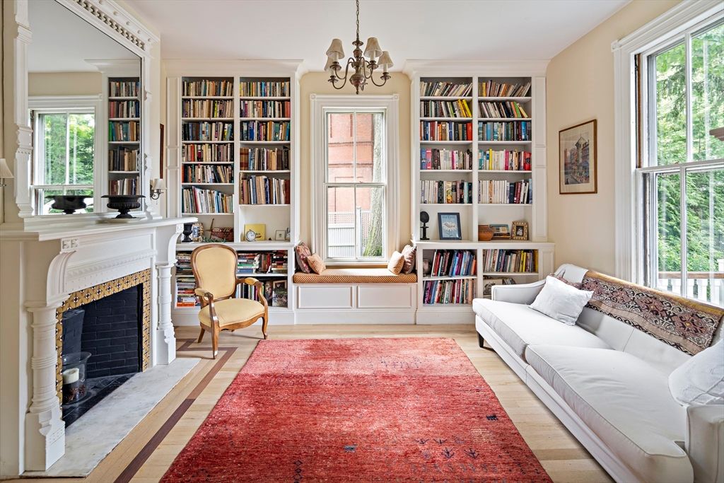 Chandelier, Fireplace, Home Office, Interior, Wood Texture Flooring