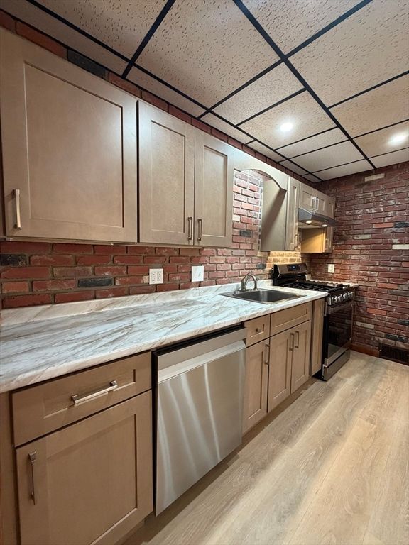 Interior, Kitchen, Recessed Lighting, Stainless Steel Appliances, Stone Walls, Wood Texture Flooring