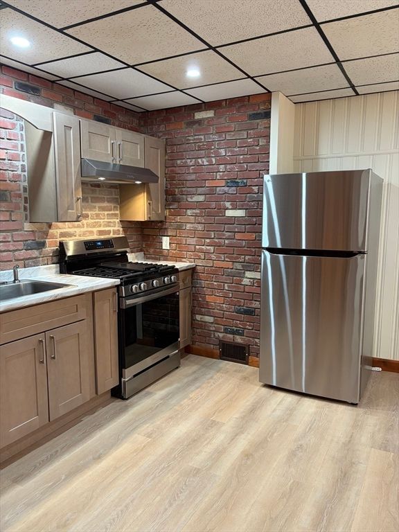 Interior, Kitchen, Recessed Lighting, Stainless Steel Appliances, Stone Walls, Wood Texture Flooring