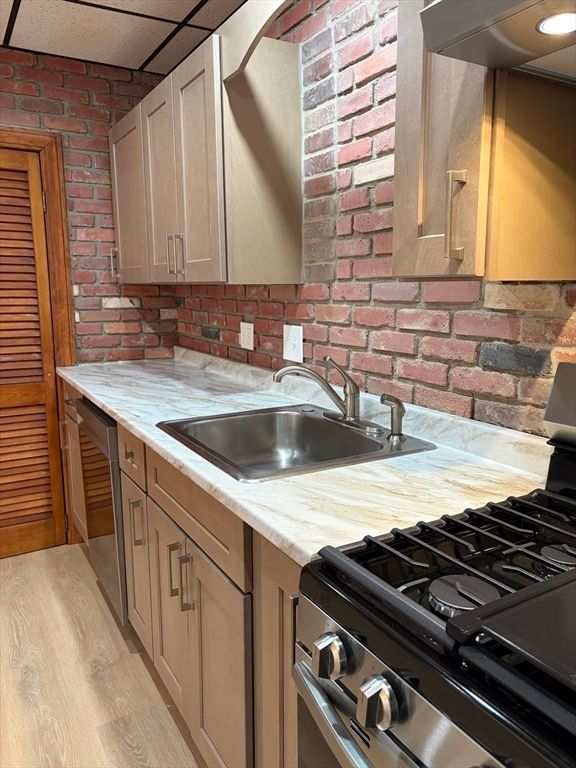 Interior, Kitchen, Stainless Steel Appliances, Stone Walls, Wood Texture Flooring