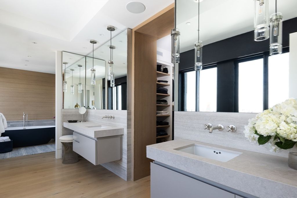 Bathroom, Dual Sink Vanities, Interior, Pendant Lights, Recessed Lighting, Wood Texture Flooring
