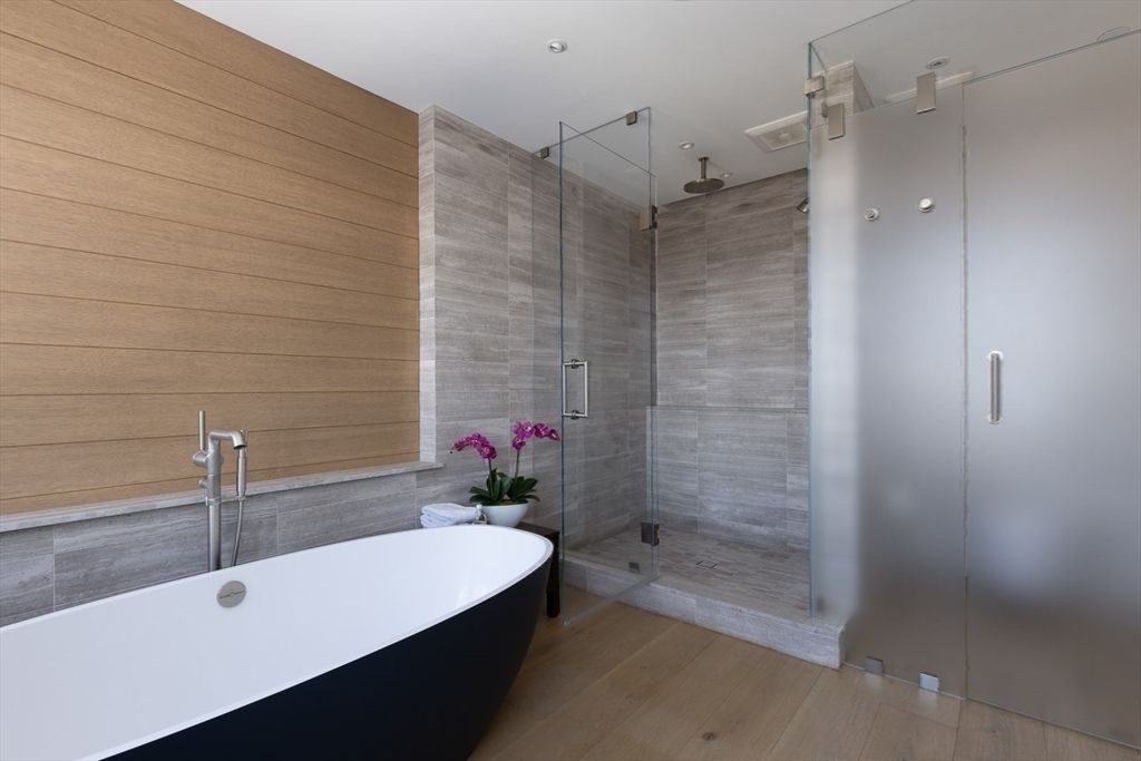 Bathroom, Free Standing Baths, Glass Shower, Interior, Recessed Lighting, Wood Texture Flooring