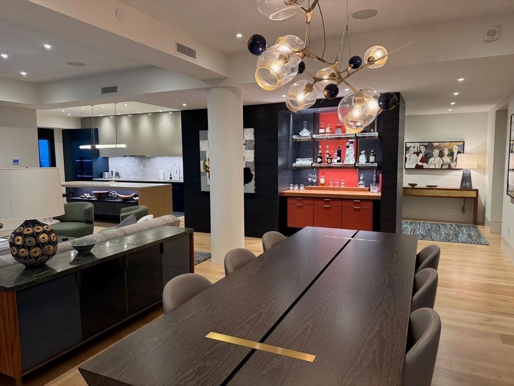 Dining room, Interior, Kitchen, Pendant Lights, Recessed Lighting, Wood Texture Flooring