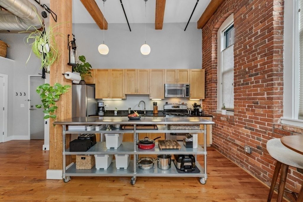 Interior, Kitchen, Pendant Lights, Stainless Steel Appliances, Stone Walls, Wooden Beams, Wood Texture Flooring