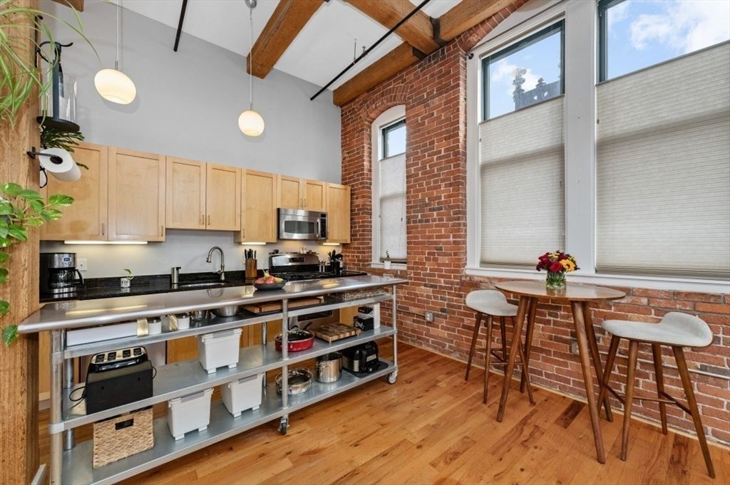 Interior, Kitchen, Pendant Lights, Stainless Steel Appliances, Stone Walls, Wooden Beams, Wood Texture Flooring