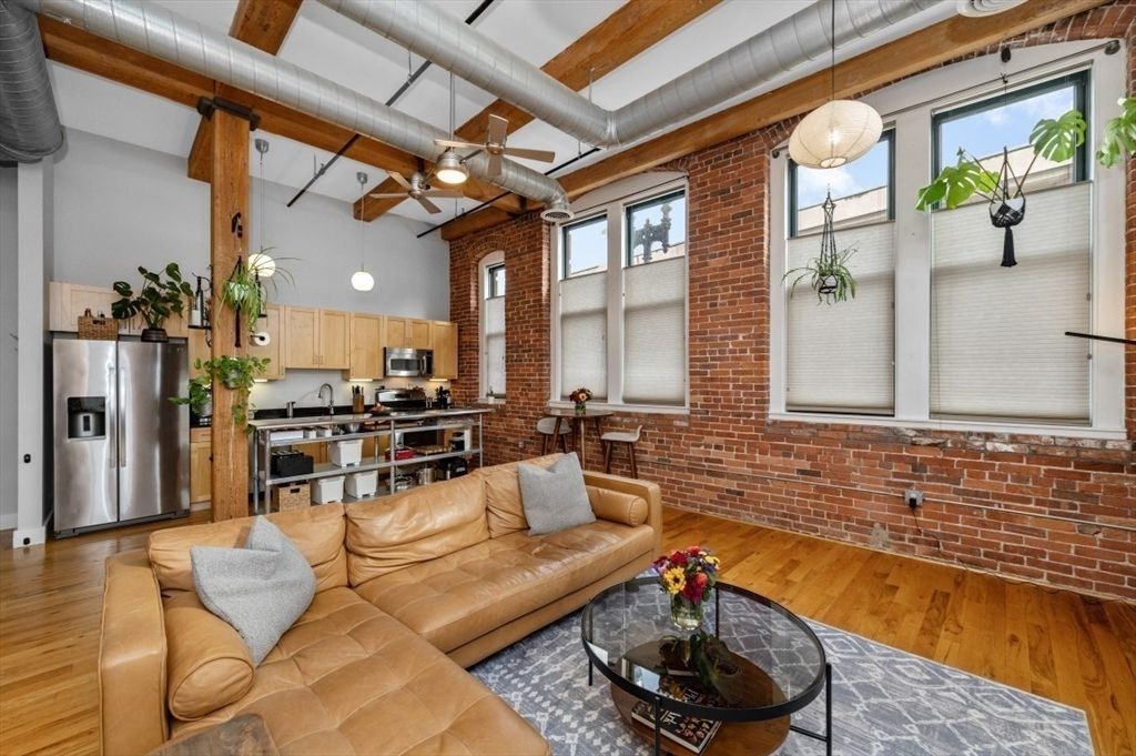 Interior, Kitchen, Living room, Pendant Lights, Stainless Steel Appliances, Stone Walls, Wooden Beams, Wood Texture Flooring