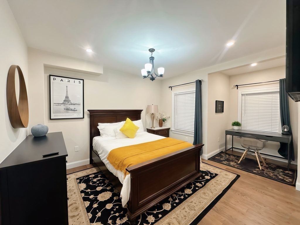 Bedroom, Chandelier, Interior, Recessed Lighting, Wood Texture Flooring