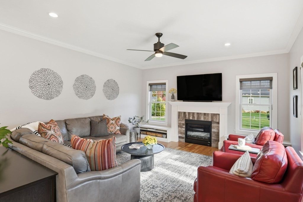 Fireplace, Interior, Living room, Recessed Lighting, Wood Texture Flooring