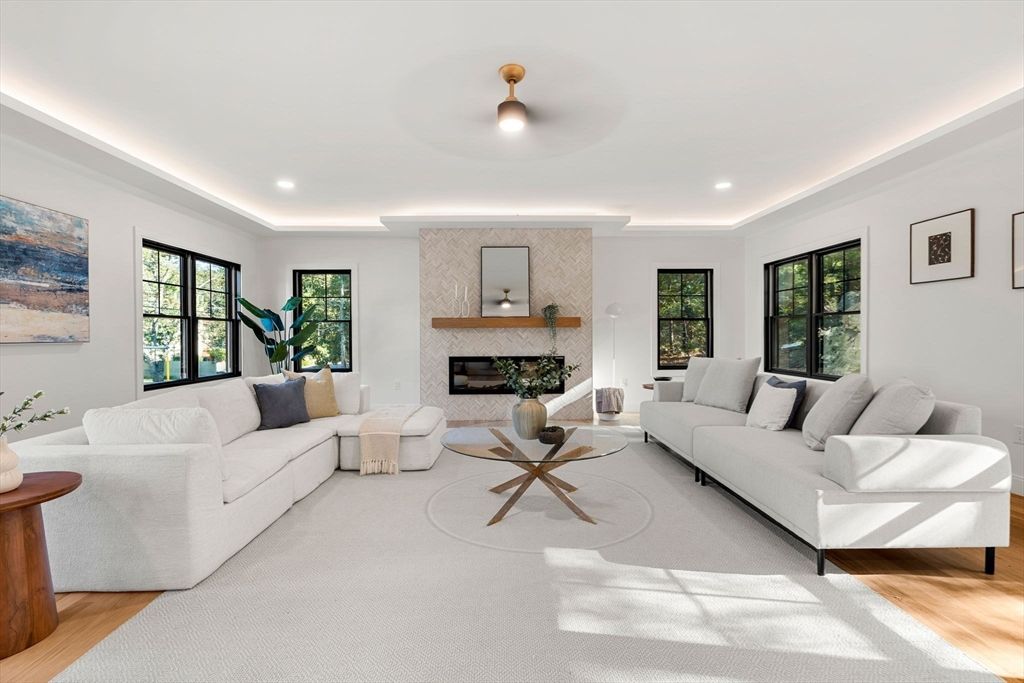 Fireplace, Interior, Living room, Recessed Lighting, Wood Texture Flooring