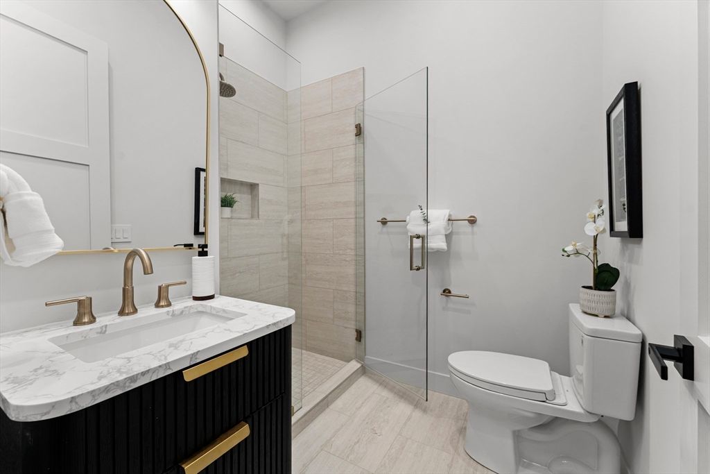 Bathroom, Glass Shower, Interior, Wood Texture Flooring