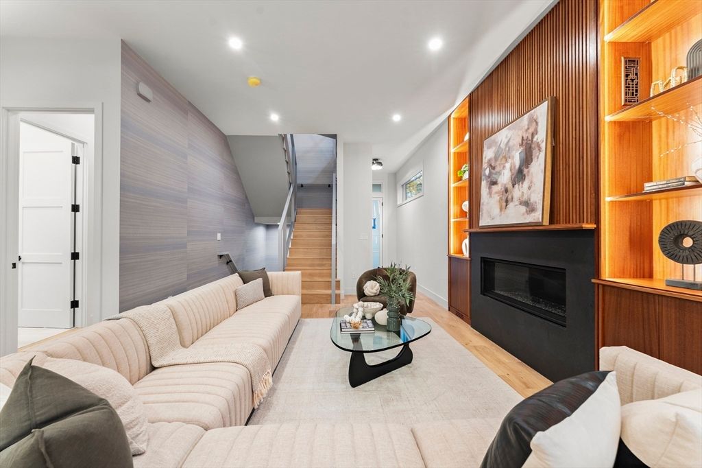 Fireplace, Interior, Living room, Recessed Lighting, Wood Texture Flooring, Wooden Walls