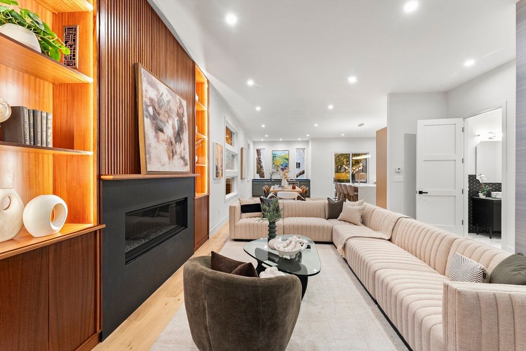 Fireplace, Interior, Living room, Recessed Lighting, Wood Texture Flooring, Wooden Walls