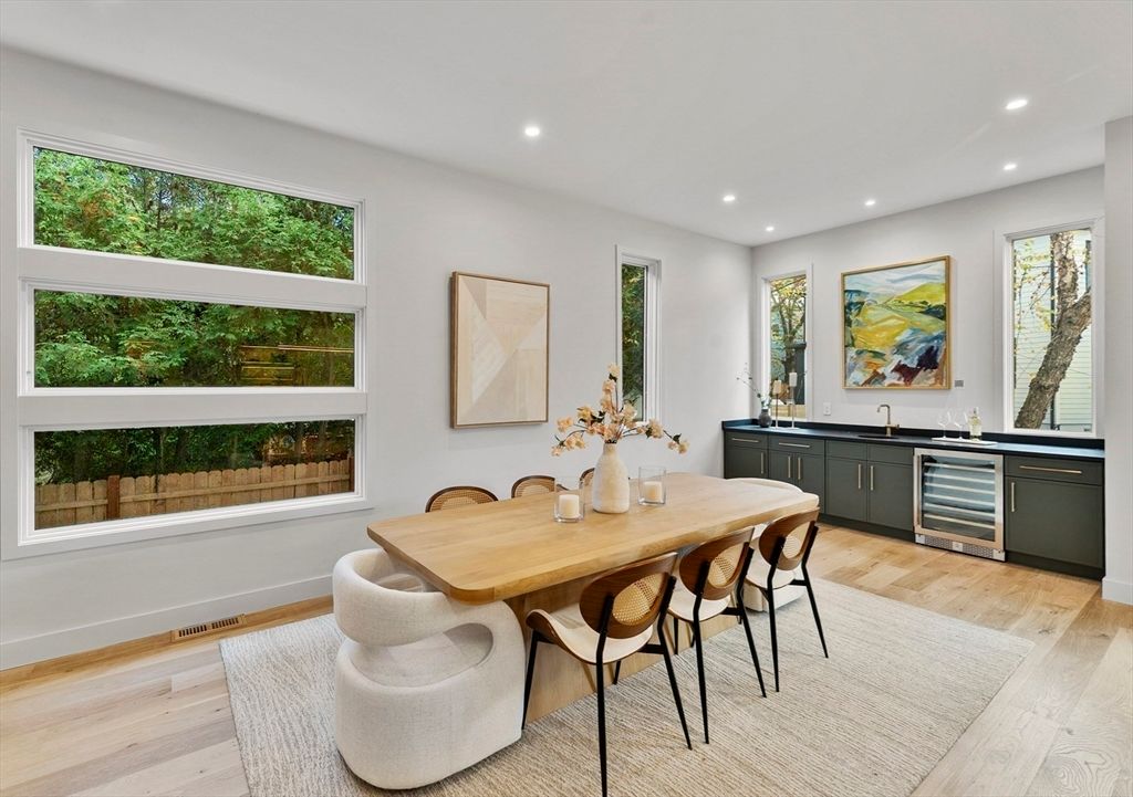 Dining room, Interior, Recessed Lighting, Wood Texture Flooring
