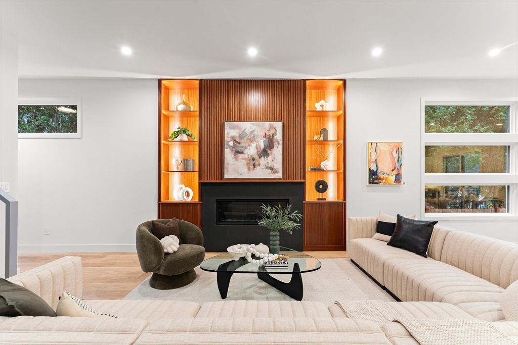 Fireplace, Interior, Living room, Recessed Lighting, Wood Texture Flooring, Wooden Walls